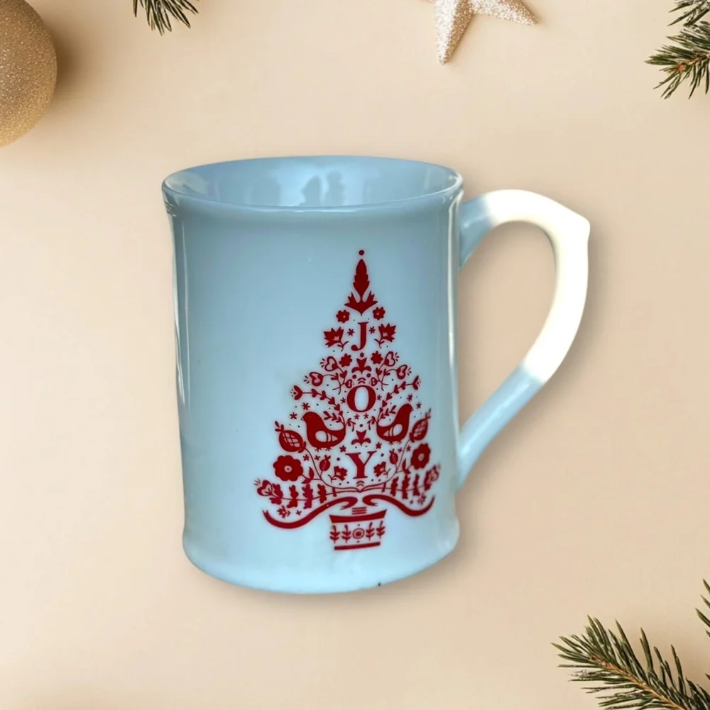 Williams Sonoma JOY Holiday Tree Red White Christmas Coffee Mug